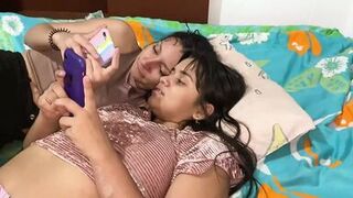 while we are checking the cell phone lying with my stepsister I ask her if she has been with a woman and so I teach her - 1 image
