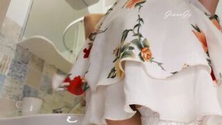 very hairy pussy became very tight without sex, that's why I barely entered the vagina with my glass dildo, it's so slippery that I quickly got aroused and ended up squirting and moaning a lot hot milf masturbates passionately and her cunt slurp - 5 image