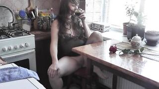 MILF solo. Squirt. In morning in kitchen, sexy Milf drinks coffee, masturbates wet pussy, gets strong orgasm and squirts - 2 image