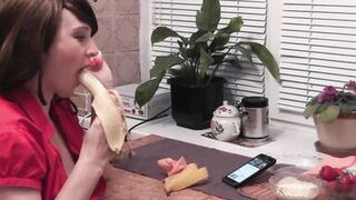 Beautiful Milf in kitchen eats sweet fruits masturbates wet pussy gets strong orgasm cunt. Squirt - 6 image
