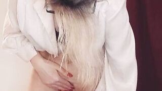 Horny teacher fucks herself with a dildo while standing - 8 image