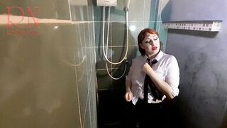 Nice lady in the shower in wet clothes and a hat. Striptease dancing in the shower. 1 - 4 image