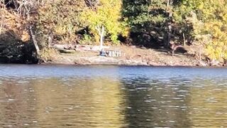 Showing my pussy off to the lady across the lake until I was CAUGHT by a hiker